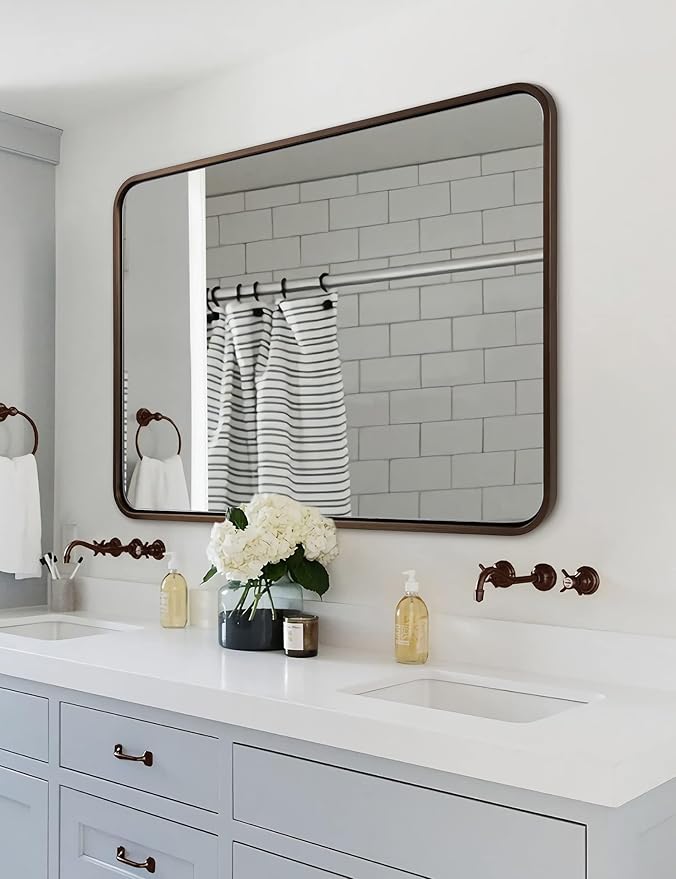 ANDY STAR Bronze Bathroom Mirror 30X40, Large Brushed Bronze Mirror for Wall, Rounded Rectangle Mirror Oil Rubbed Bronze, Bronze Vanity Mirrors in Metal Frame Hangs Horizontal Or Vertical