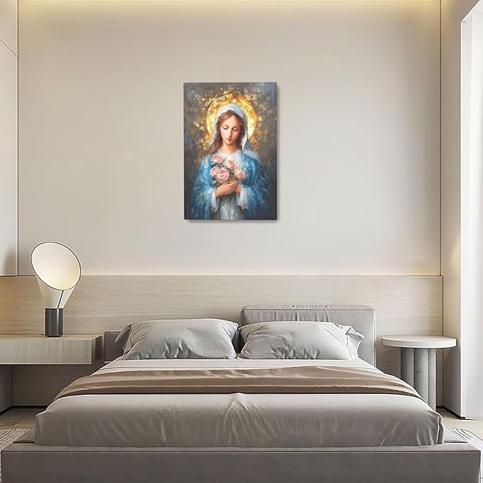 Christian Mary Wall Art Mary Mother Of God Canvas Wall Decor Catholic Blessed Mother with Roses Pictures Christ Paintings Prints Religious Bible Artwork Framed Decorations For Church Prayer Room Chapel Bathroom Bedroom Living Room Gifts 16" x 24"