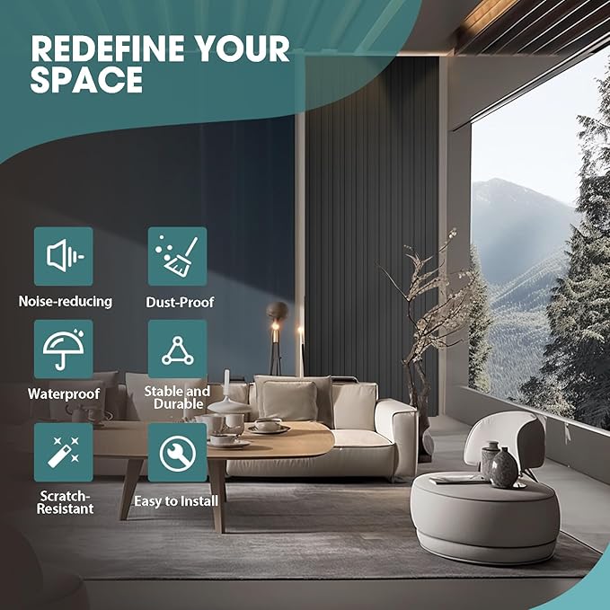 OUZUGIE WPC Acoustic Slat Wall Paneling, 8-Pack 114 x 6 Inches 3D Wall Panels for Interior Wall Decor,Living Room,TV Background,Study Room,Office Spaces,Bedroom,Low Grille (Black)