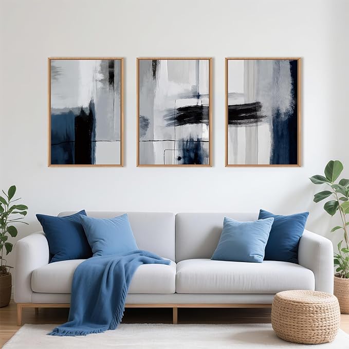 Abstract Blue and Gray Framed Canvas Print Wall Art Set,Modern Neutral Geometric Line Wall Decor,Minimalist Navy Blue Pastel Grunge Brush Strokes Artwork for Living Room,Bedroom-24 x36 x3