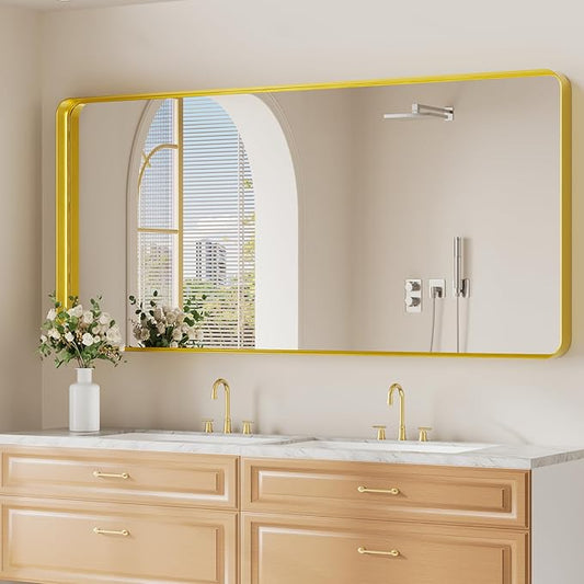 Koonmi Gold Bathroom Mirror for Wall, 30x71 Inch Matte Metal Deep Framed Rounded Corner Wall Mirror, Shatterproof Tempered Glass for Farmhouse Bedroom Entryway, Vertically or Horizontally
