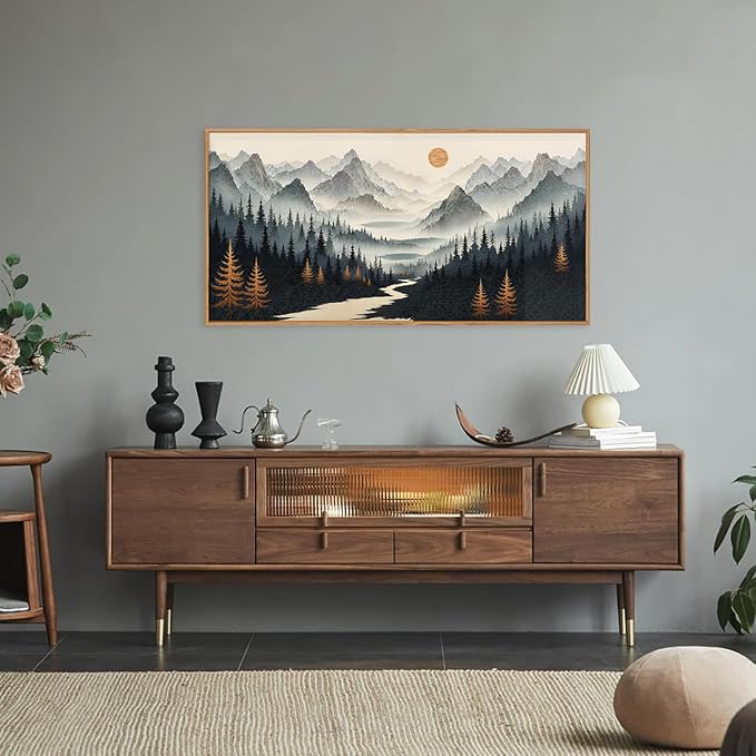 Ausril Watercolor Misty Forest Framed Canvas Wall Art Set, Foggy Mountain Wall Decor, Misty Pine Tree Wall Painting, Large Nature Landscape Art Prints for Living Room, Bedroom, Office - 20"X40"