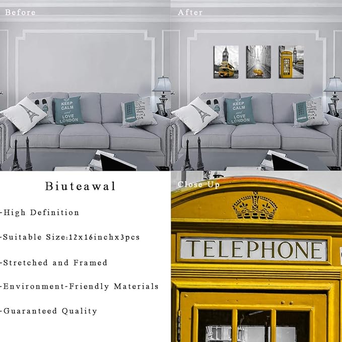 Biuteawal - 3 Panel City Wall Art Black and White Pairs Eiffel Tower with Yellow Umbrella Picture Prints London Big Ben Telephone Booth Bus Landscape Painting on Canvas for Living Room Bedroom Office