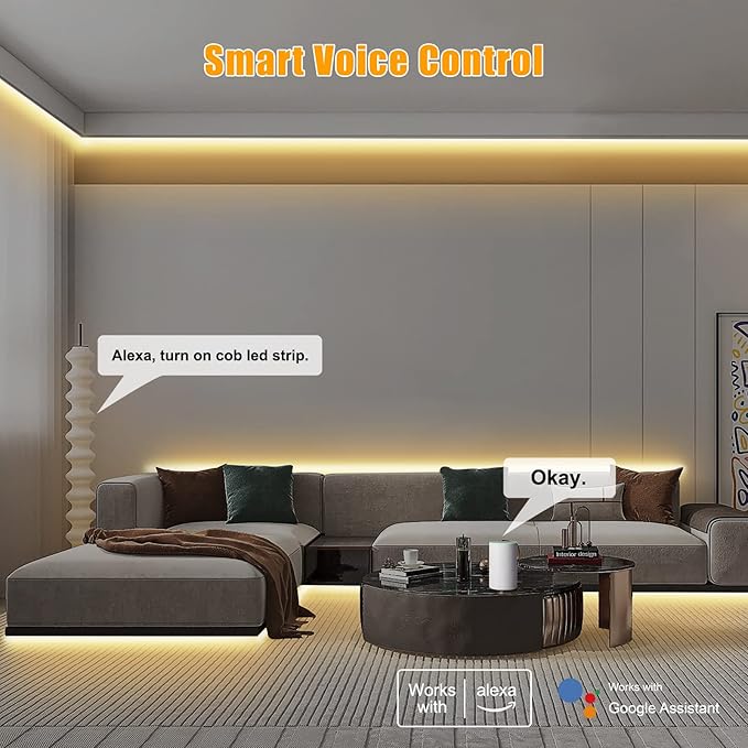 32.8ft Tunable White Smart COB Led Strip Light Kit, CCT 2700K-6500K Bright COB Led Tape Light Compatible with Alexa and Google, Dimmable Indoor COB Led Ribbon for Kitchen Cabinet, Room, TV