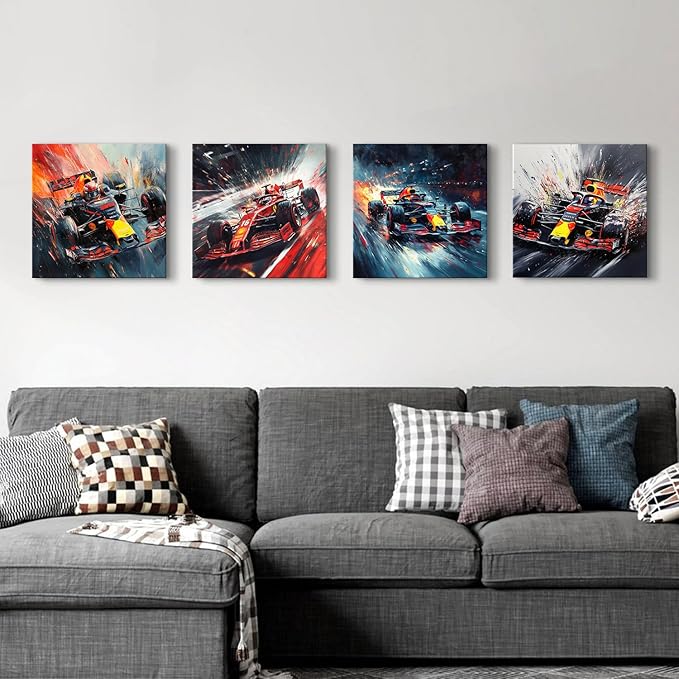 Abstract Supercar Wall Art for Man Cave Colorful Formular Car Pictures Cool Boys Bedroom Posters Black and White Cyberpunk Vehicle Canvas Prints Sport Artwork Playroom Office Home Decoration 16x16" 4P