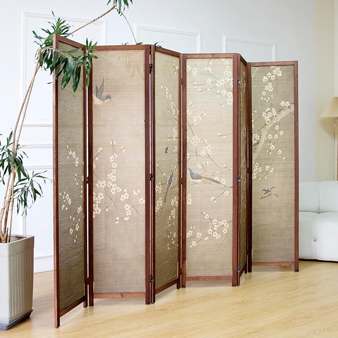 6 Panel Room Divider Screen and Folding Panel Screen,Double Sided Bamboo Divider for Room Separation,White Plum and Birds,67" H x 63" W,67" H x 94.5" W