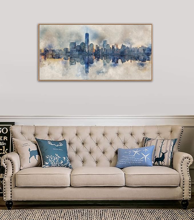 NYC Framed Canvas Wall Art Abstract Painting Wall Decor Indigo Blue Gray Panoramic Art Print New York Skyline Reflection Pictures Artwork Modern City Landscape Living Room Bedroom Decoration 24" x 48"