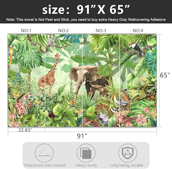 -Green Rainforest Plants Animals Tiger Cloth Wallpaper Jungle Plants Banana Leaves Boys Girls Kindergarten Children's Room Large Mural- 91"x65"（ not Peel and Stick）