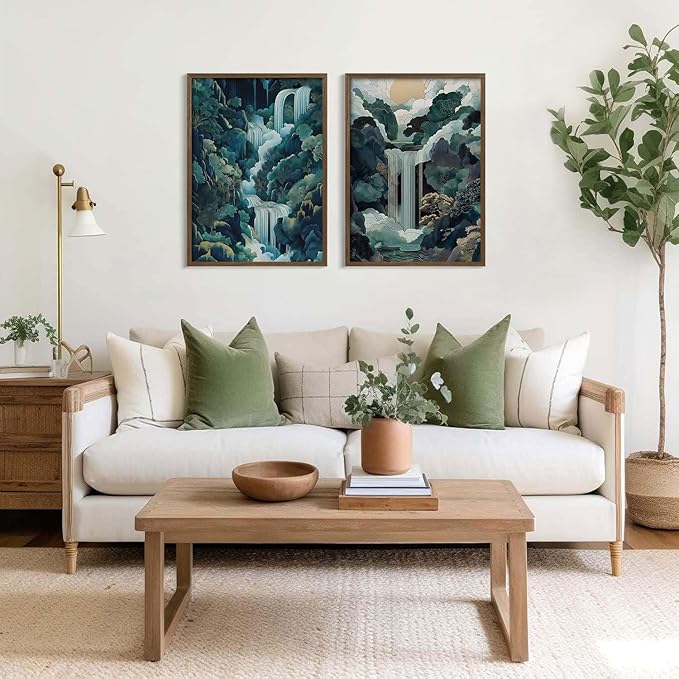 2pcs Framed Japanese Canvas Wall Art Painting Large Waterfall Scenery Poster Print Wrap Canvas Artwork Nature Scenery Abstract Blue Waterfall Zen Art Print Living Room Bedroom Office Decor 12x16 Inch