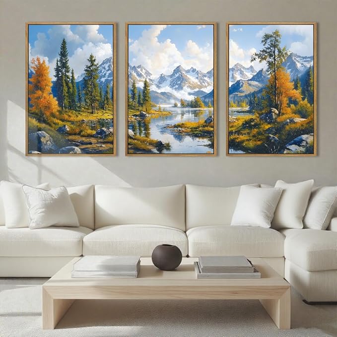 BINCUE Framed Mountain Landscape Wall Art Nature Forest Wall Decor Tree and River Art Print for Living Room Bedroom Office 16x24 Inches Set of 3