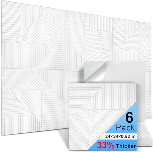 6 Pack Acoustic Wall Panels Self-Adhesive, 23.6" X 23.6" X 0.5" Decorative Acoustic Panels, Soundproof Wall Panels for Studio, Home & Living Room, Polyester - Grille White