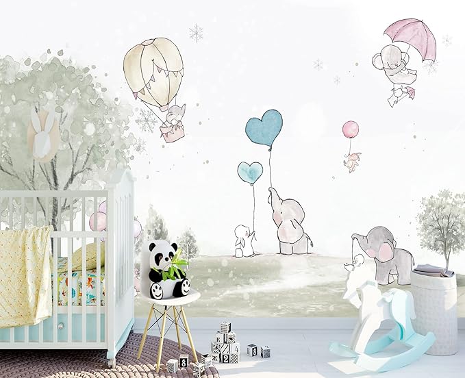 Cartoon Elephant Rabbit Balloon Nursery Wall Mural Wallpaper 103" x 69"