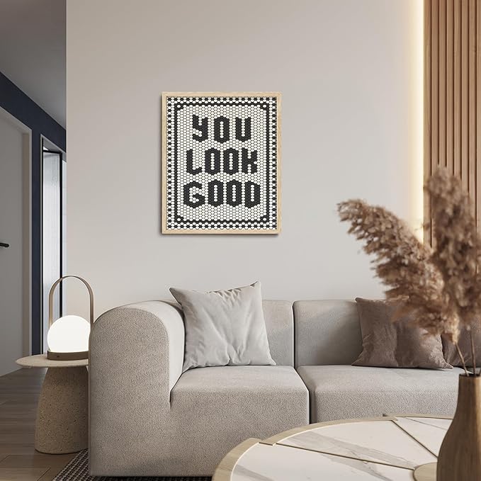 KISSFOX Western You Look So Good OAK Wood Framed Wall Art Farmhouse Geometric Typography Canvas Art Prints Rustic Hexagon Pictures Wall Decor Southwestern Artwork For Bistro Bathroom Bedroom Kitchen