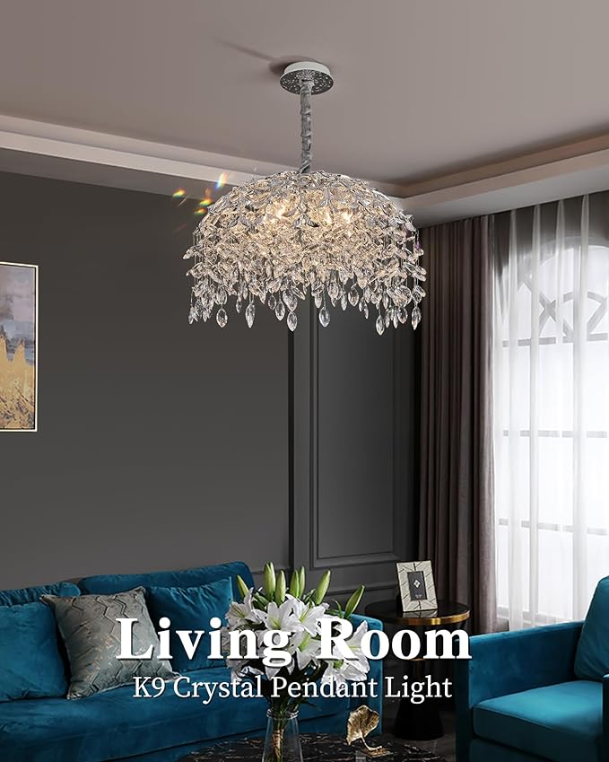 Modern Crystal Chandelier for Dining Room, 8-Light 23.62" Chrome Tree Branch Chandeliers, Luxury K9 Crystal Rectangular Chandeliers for Kitchen Island Living Room