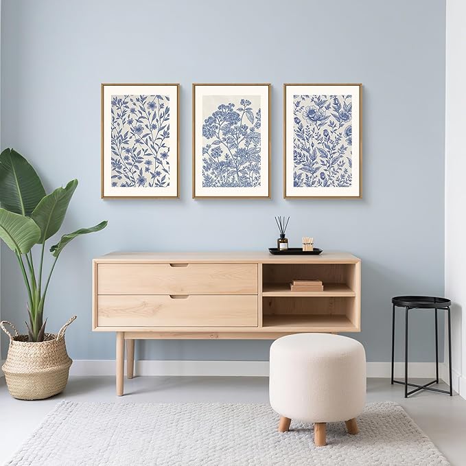 Large Classic Chinoiserie Flower Framed Canvas Wall Art Set,Minimalist Blue and White Floral Wall Decor,Navy Watercolor Botanical Blossom Artwork for Living Room,Bedroom-16 x24 x3