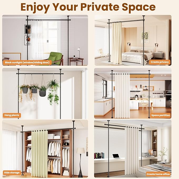 Bonpally Room Divider Curtain Rod, No Drilling Room Separator for Space Partition, 4-10ft (H) 28-70 inch(W) Adjustable Heavy Duty Temporary Wall Divider Floor to Ceiling Tension Rod, Black