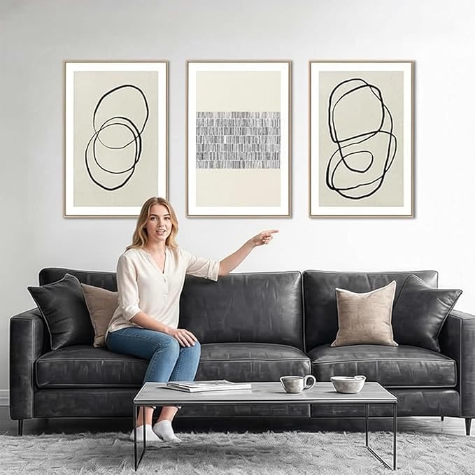 Abstract Boho Wall Art Set - Modern Boho Geometric Framed Canvas Prints, Neutral Mid-Century Graffiti Inspired Decorative Wall Decor for Living Room, Bedroom, Office - 16"x24"x3