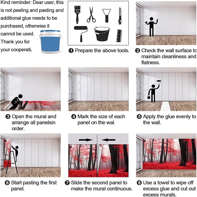 Misty Forest Mural Wallpaper, Red Forest Murals, 3D Natural Landscape Murals Wallpaper for Living Room Bedroom Home Decor Mural - 59" W x 39.18" H (Not Peel Stick)