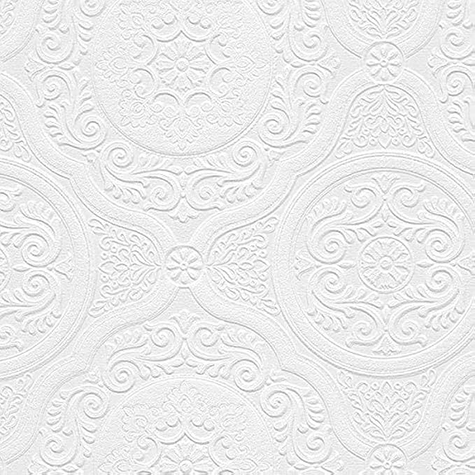 Manhattan Comfort Carter Series Vinyl Textured Paintable Floral Scroll Boarded Square Design Large Wallpaper Roll, 21" W x 33'L, White