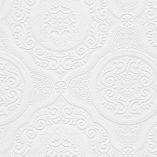 Manhattan Comfort Carter Series Vinyl Textured Paintable Floral Scroll Boarded Square Design Large Wallpaper Roll, 21" W x 33'L, White