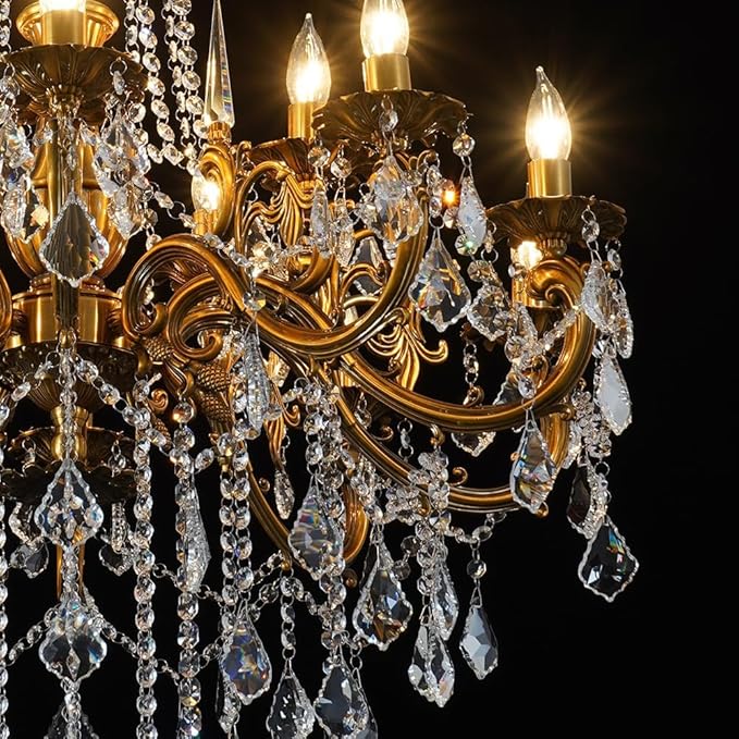 Antique Crystal Chandelier, 15-Lights Gold Bronze Candle Pendant Ceiling Light Fixture with K9 Crystals for Hotel, Living Room, Bedroom, Kitchen Island, Hallway, Dia 32"