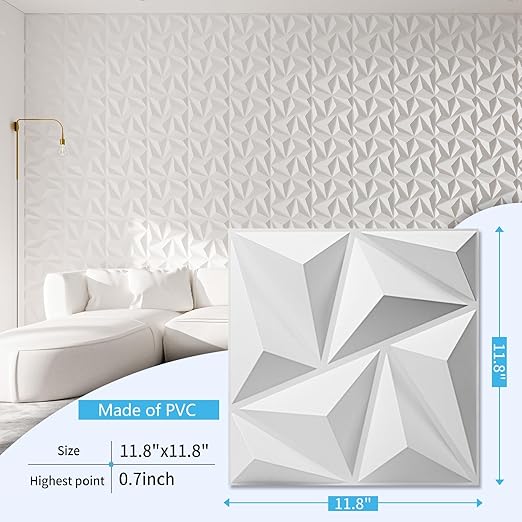 Art3d 3D Wall Panels 20 Pack, 11.8" x 11.8" (19 Sq.ft) PVC Wall Panels, Glue Up Wall Decor for Living Room, Bedroom, Office, White