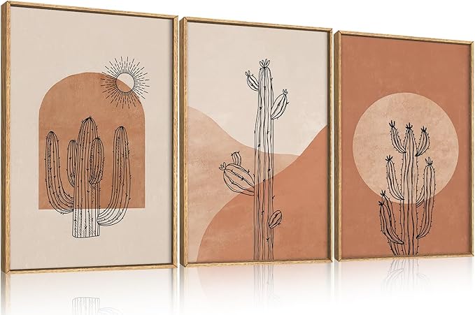 Ausril Boho Minimalist Cactus Framed Canvas Wall Art Set, Mid Century Saguaro Wall Decor, Abstract Geometric Desert Wall Painting, Beige Brown Plant Art Prints for Living Room, Bedroom, Office 16"X24"X3