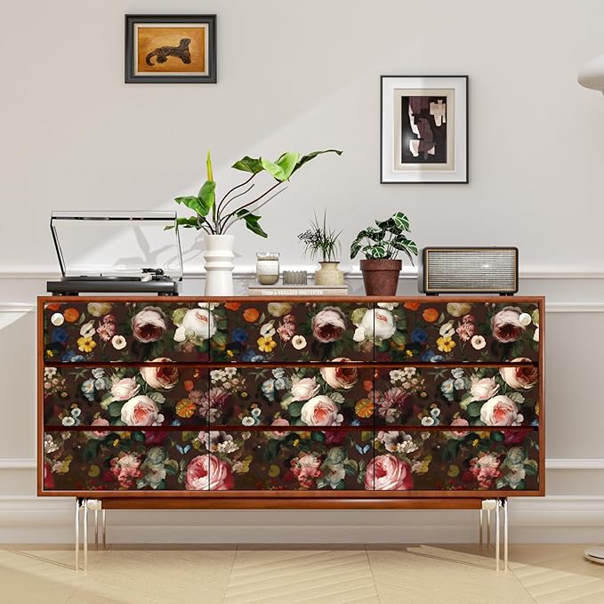 Brown Floral Peel and Stick Wallpaper Boho Leaf Contact Paper Dark Rose Removable Self Adhesive Waterproof Wall Paper for Cabinet Drawers Wall Decor Renter Friendly 17.5''x393''