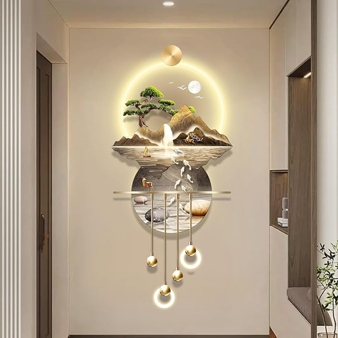 23.64x53.54IN 3D Wall Sculptures Hanging with Led Light Modern Art Deco Lighting Wall Art Decorations Lamp Wall Art Decor with Metal Ball Pendant for Friends(Yellow 1)