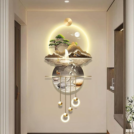 23.64x53.54IN 3D Wall Sculptures Hanging with Led Light Modern Art Deco Lighting Wall Art Decorations Lamp Wall Art Decor with Metal Ball Pendant for Friends(Yellow 1)