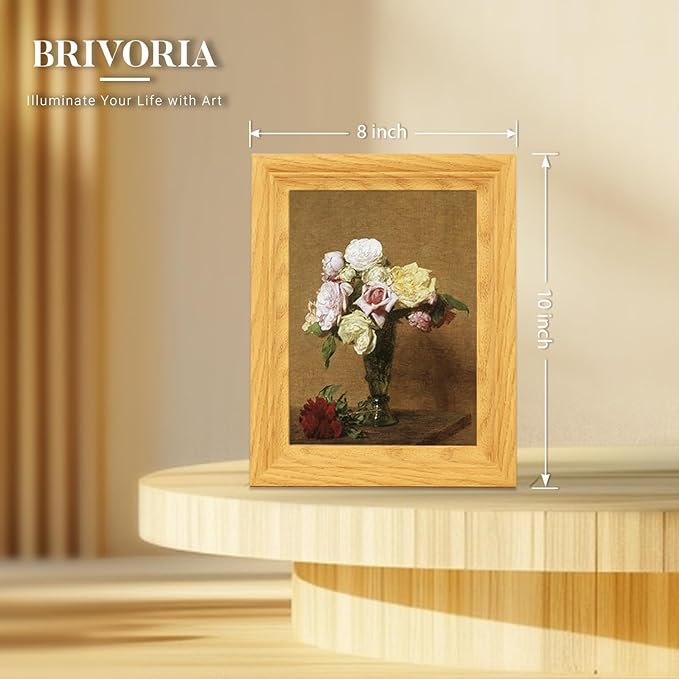 Brivoria Framed Canvas Wall Art Vintage Decor, Rustic Autumn Floral Still Life with Colorful Roses in Fluted Vase and Warm Tones for Bedroom Entryway Kitchen Bookshelf or Bathroom Fall Display, 8"x10"