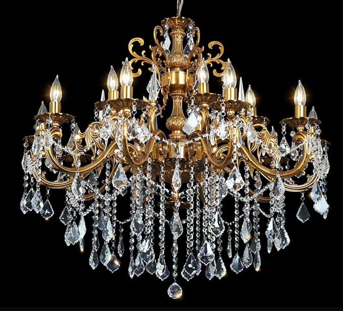 Modern Chandelier Lighting Antique Gold Crystal Chandeliers for High Ceiling Foyer Entryway Living Room 15-Light Crystal Candle Chandelier Light Fixture Staircase Oversize Round 36.4"