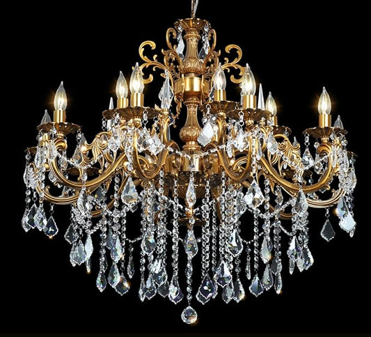 Modern Chandelier Lighting Antique Gold Crystal Chandeliers for High Ceiling Foyer Entryway Living Room 15-Light Crystal Candle Chandelier Light Fixture Staircase Oversize Round 36.4"
