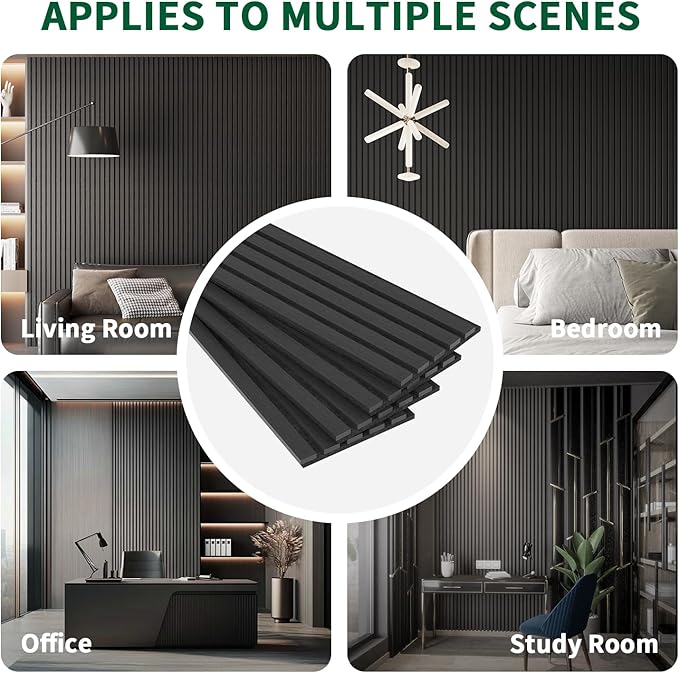 4 Panel Wood Slat Acoustic Panel 94" x8" for Sound Absorbing, Soundproof Wood Slat Panel Cover 21 Sq.Ft, 3D Fluted Sound Absorbing Paneling for Wall Decor, Living Room, Bedroom, Black Wood