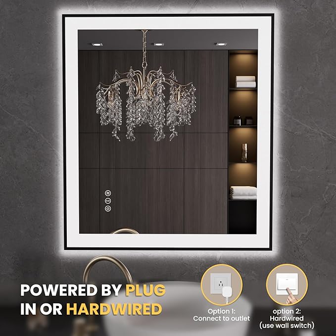 LOAAO 32"X36" LED Bathroom Mirror Black Framed, Anti-Fog, Dimmable, Lighted Bathroom Vanity Mirror for Wall, Memory Function, Tempered Glass