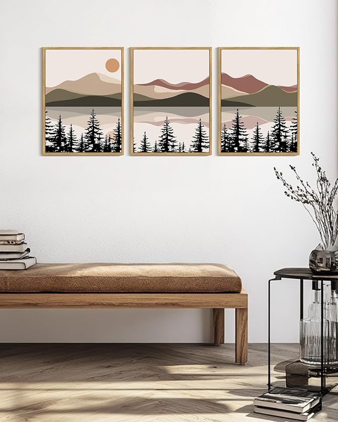 KUVIOKE Watercolor Mountain Landscape Framed Wall Art Laker Tree Boho Nature Artwork Painting Bohemain Farmhouse Rustic Home Decor 12x16in (Natural Framed)