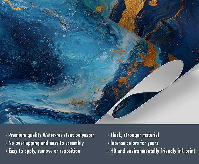 Blue Gold Marble Mural Wallpaper, Modern Fashion Marble Murals, Abstract 3D Texture Murals Wallpaper for Living Room Bedroom Tv Background Wall Home Decor Mural (Not Peel Stick)