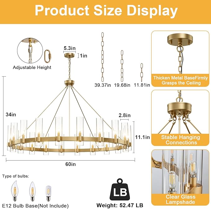 60" Gold Wagon Wheel Chandelier, Large 20-Light Farmhouse Round Pendant Light Fixture with Glass Shade, Hanging High Ceilings Chandeliers for Dining Room Kitchen Foyer Entryway Living Room