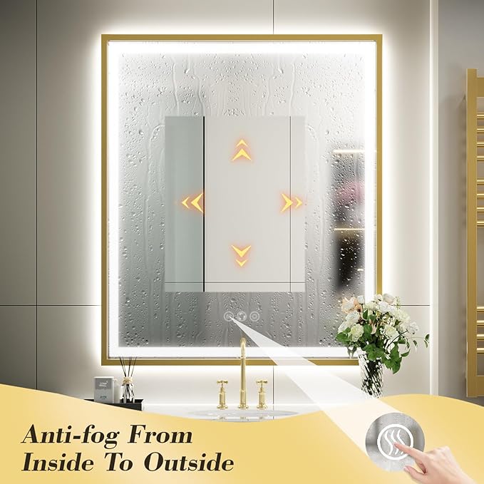 30X36 Inch Gold Frame Led Mirror,Backlit and Front Bathroom Mirror with Lights,Wall Mounted Double LED Dimmable Lighted Anti-Fog Vanity Mirror,Stepless 3 Colors Temperature 3000K-6000K