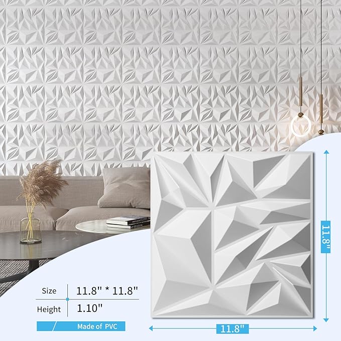Art3d 50-Pack 3D Wall Panels for Interior Wall Decor, Modern Diamond Textured Accent Wall Paneling for Gaming Living Room TV Wall Background, 12 x 12 inch White