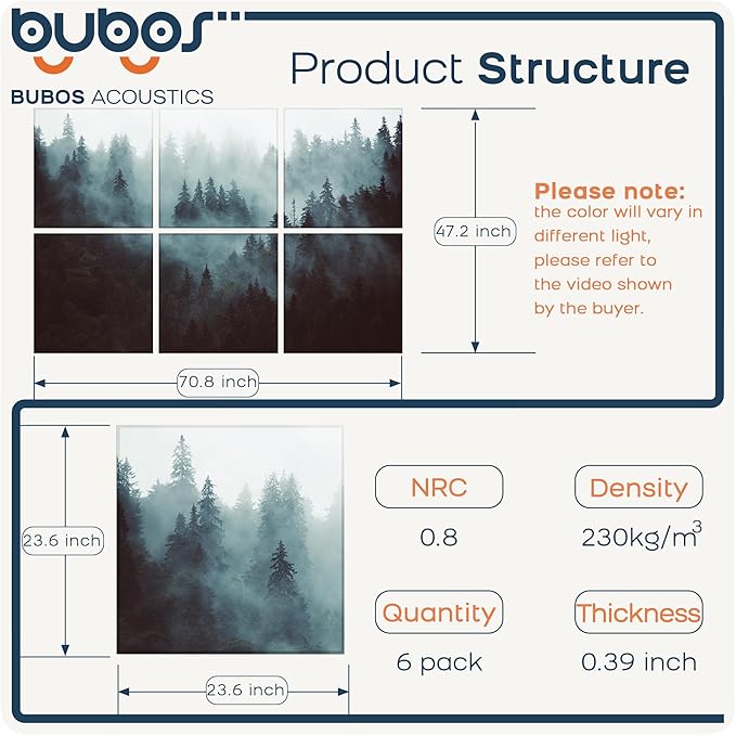 BUBOS 6 Pack Art Acoustic Panels Soundproof Wall Panel,70.8X47.2 Inches Large Sound Absorbing Panel,Self-Adhesive Decorative Acoustical Wall Panels, Acoustic Treatment for Home Office（Foggy Forest）