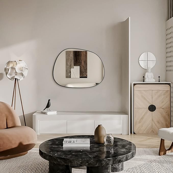 Asymmetrical Wall Mirror for Decor 27"*35", Modern Black Framed Wall Mirror for Living Room Bathroom Bedroom Entryway ELE-STOU-0063HEI