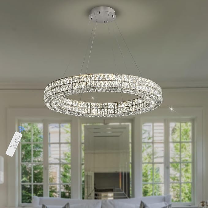 Modern Luxury Crystal Chandelier for Dining Room 32" LED Ring Pendant Light Adjustable Dimmable 2700k-6000k