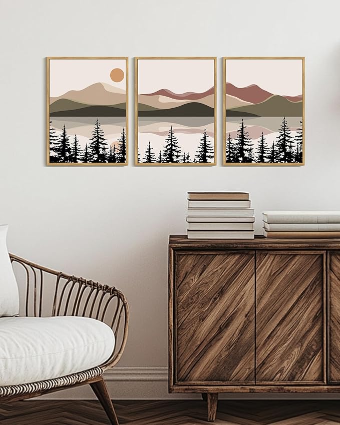 KUVIOKE Watercolor Mountain Landscape Framed Wall Art Laker Tree Boho Nature Artwork Painting Bohemain Farmhouse Rustic Home Decor 12x16in (Natural Framed)