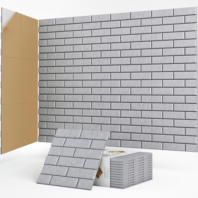 12Pack Acoustic Panels, Self-Adhesive 3D Brick Pattern Sound Proof Panels for Walls, Decorative Sound Dampening Wall Panels for Recording Studios, Offices, Home, 12"×12"×0.4", Grey