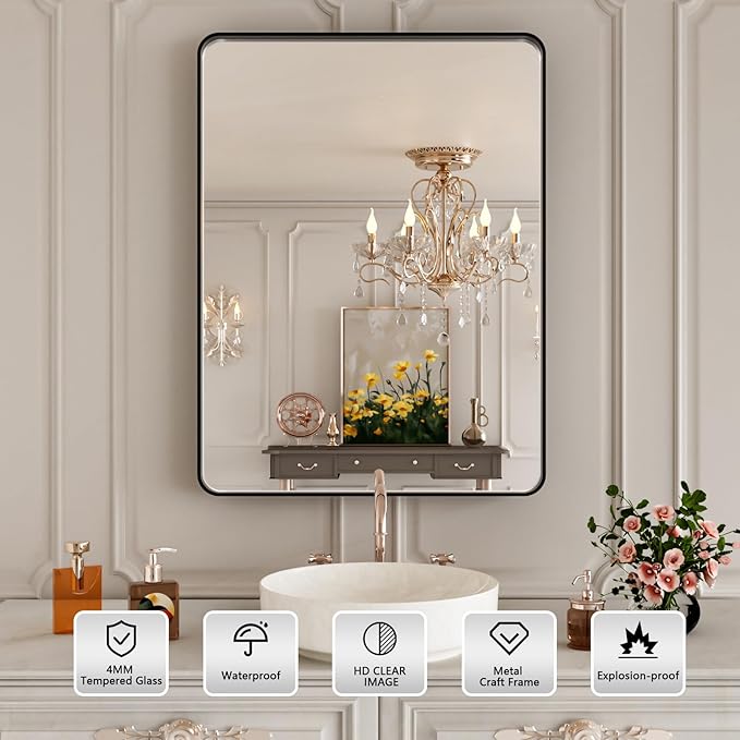 Black Bathroom Vanity Mirror 28x36 Inch,Rounded Rectangle Matte Black Mirror for Bathroom Wall,Tempered Glass,Horizontal or Vertical