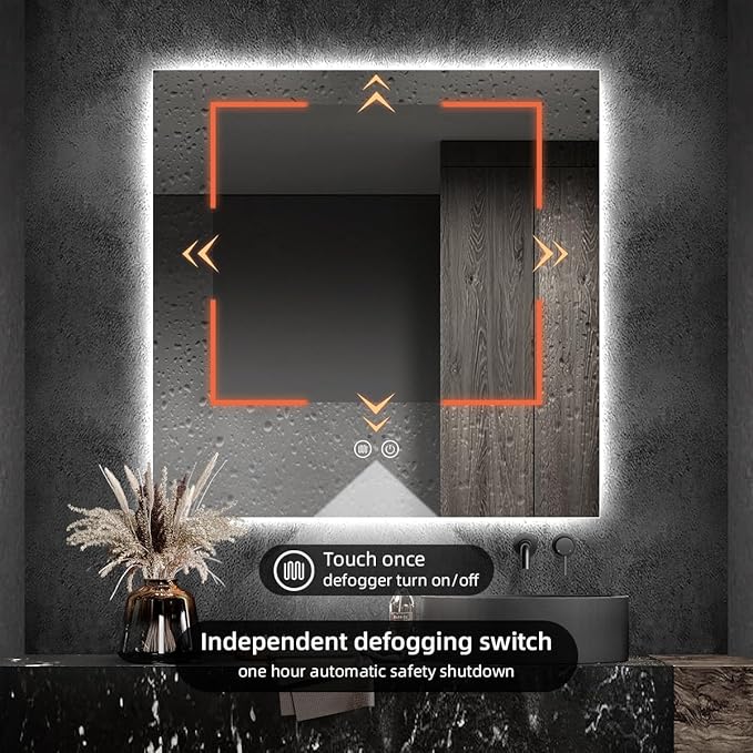 Backlit LED Bathroom Mirror, Infrared Motion Sensor Vanity Mirror with 3-Color Lights, Stepless Dimmable Wall Lighted Mirror with Anti-Fog, Memory, Rectangular (36" L x 36" W)