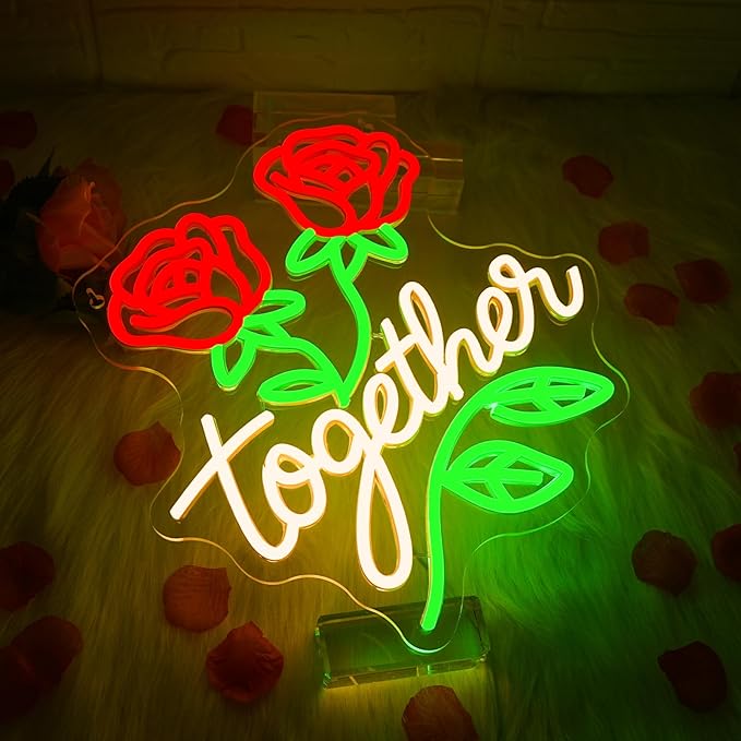 Looklight Together Neon Sign Wedding Neon Signs for Wall Decor Flower Light Happy Anniversary Sign Rose Wall Decor Led Lights for Anniversary Celebration Wedding Party Bedroom Home Decorations Gifts