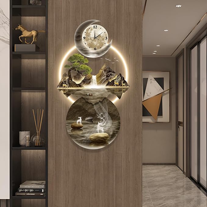 LED Light Art Wall Decor, 3D Art Wall Decor Clock, Decor Wall Sculptures with Lights, Modern Home Decor Landscape Wall Sculpture, Plug-in Power Supply, Gold B, 19x39IN