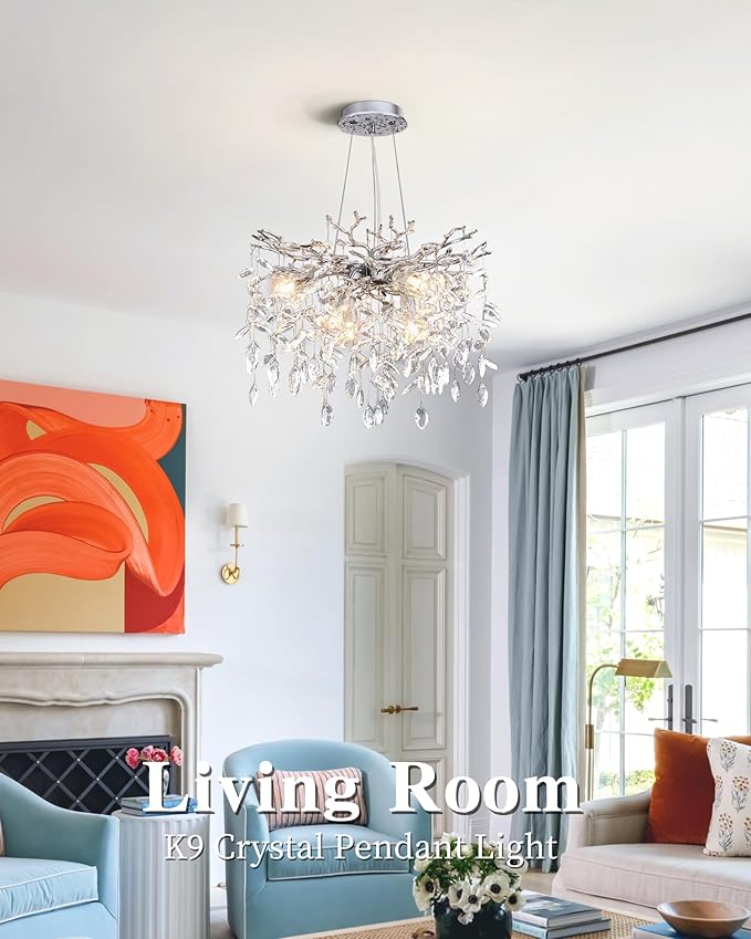 Modern Tree Branch Crystal Chandelier Luxury Silver Crystal Pendant Lighting 18" Contemporary 6-Light Chandeliers for Dining Room Kitchen Bedroom Living Room